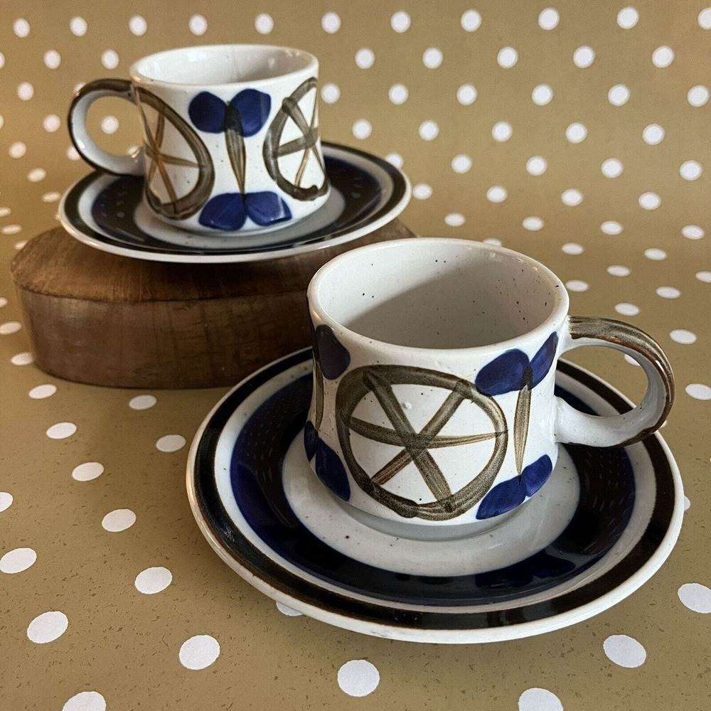 Set of 2 Vintage Otagiri Japan Speckled Stoneware Floral Coffee Cup Mugs Saucers